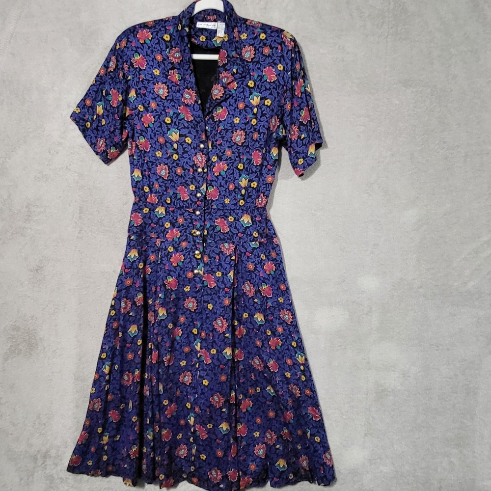 Vintage Liz Claiborne Dress Womens Petite 12 Floral Midi Fit Flare 90s